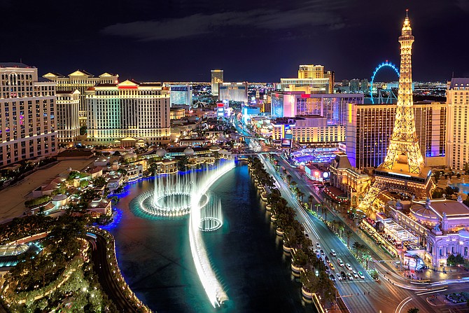 Aerial view of the Las Vegas Strip, looking north over The Bellagio fountain.