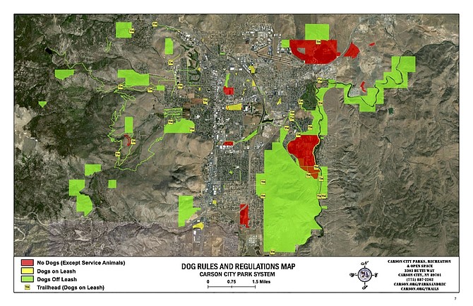 A map showing proposed dog regulations for Carson City, including prohibited, on-leash and off-leash areas.