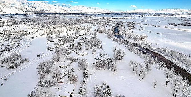 A drone shot of the Gardnerville Ranchos after the New Year's weekend snow storm.