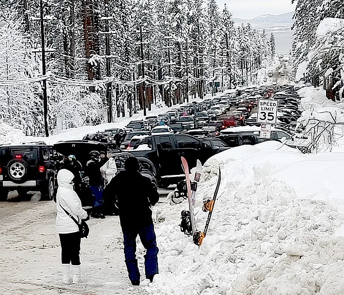Ski Run Boulevard traffic gridlocks during winter storm and power outages on Monday.
Kris Spevak/Special to the Tahoe Daily Tribune