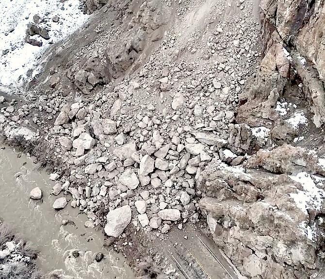 A Yerington Mason Valley Fire District drone captured this image of the slide across Wilson Canyon on Wednesday. The road between Smith and Mason valleys is closed.