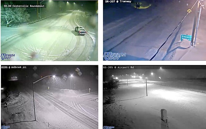 The NVroads.com traffic cameras are showing snow from stem to stern in Douglas County. Some of the cameras say videos not available, but sometimes if you click through it, they come up, and sometimes they give you a blank screen and a big X.