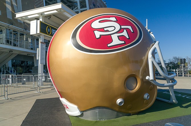 An oversized San Francisco 49ers helmet is pictured outside of Levi’s Stadium, the site of Sunday’s 49ers-Cowboys NFL playoff game.