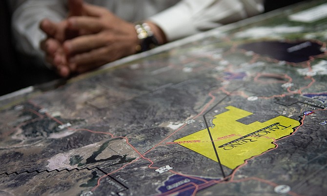 A project manager for the Tahoe Regional Industrial Center presents a site map on Wednesday, Sept. 12, 2018. (David Calvert/The Nevada Independent)