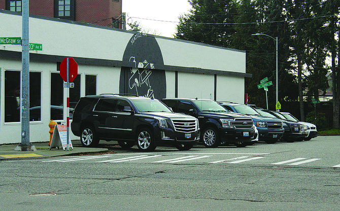 This strip of cars parked next to Uptown Espresso on 33rd Avenue West between McGraw Street and West Linn will be replaced with a parklet, featuring tables, benches, umbrellas and flower poles in phase 4 of the Reimagine Magnolia Village streetscape.