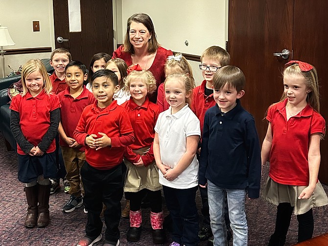 A dozen students from Ms. Sewell’s kindergarten class from Carson City’s Seeliger Elementary School had an opportunity to show their pride, patriotism and love for their state and country by leading and reciting the Pledge of Allegiance prior to Gov. Joe Lombardo’s State of the State Address on Monday.