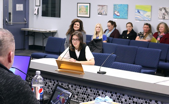 Carson High School junior Drea Cabral, chosen to perform under master conductors of the Honors Performance Series at Carnegie Hall in New York City, is recognized during Tuesday’s Carson City School Board meeting