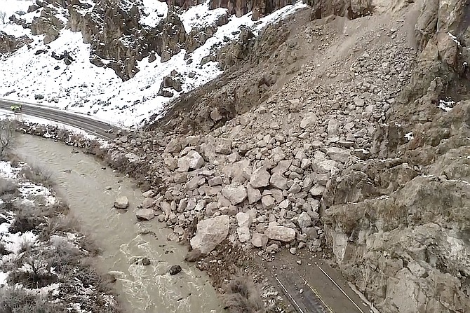 Boulders the size of houses blocking Highway 208 through Wilson Canyon. NDOT drone footage.
