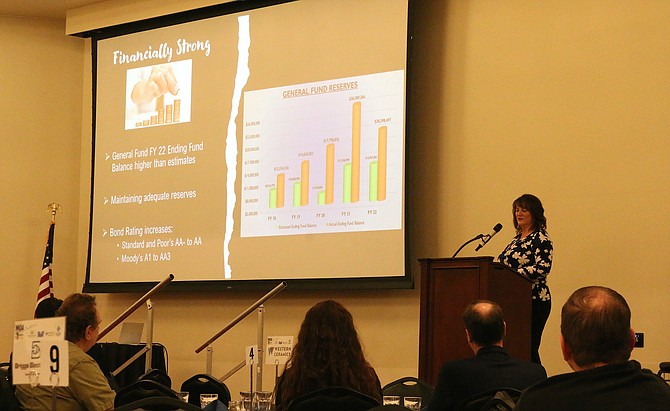 Carson City Manager Nancy Paulson provides an update on Carson City at the Northern Nevada Development Authority’s annual “State of the Counties” event Wednesday.