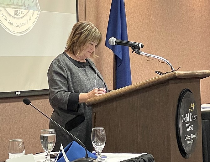 Carson City Mayor Lori Bagwell delivering the State of the City address at Gold Dust West on Jan. 31, 2023.