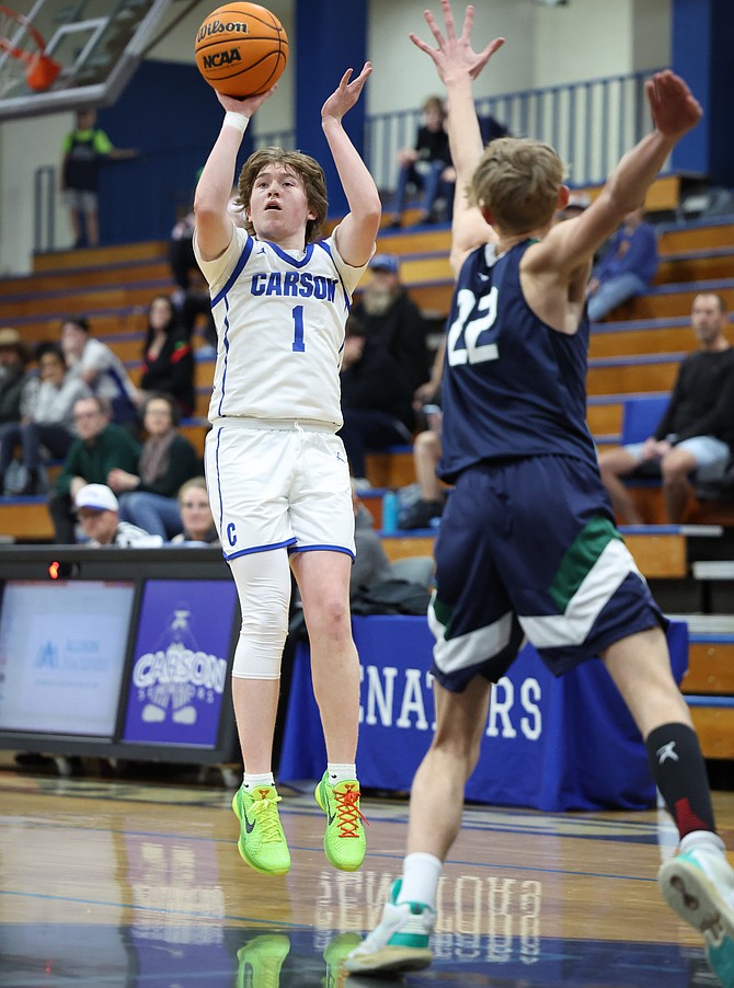 Senator guard Ethan Grant pulls up for a 3-pointer against Damonte Ranch over the weekend.