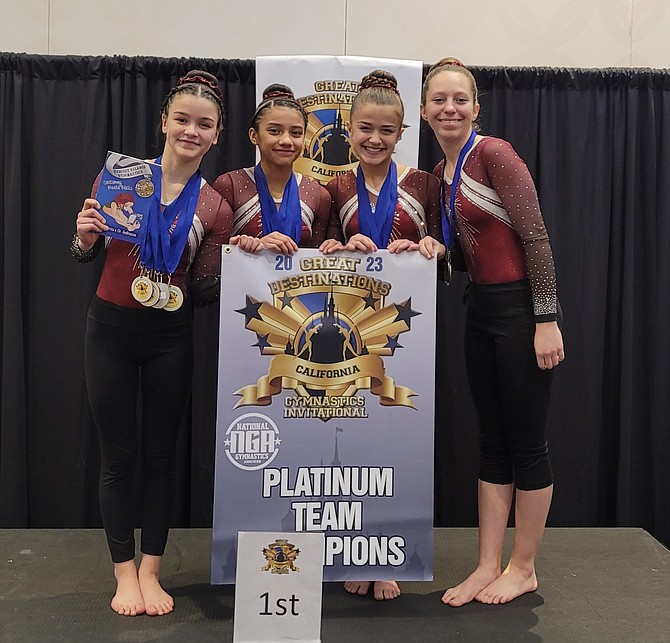 The Silver State Gymnastics Xcel Platinum team poses for a photo after taking first place at the 2023 Great Destinations meet at Disneyland. The competitors from the team are pictured from left to right, Brailynn Lealand, Paola Lopez, Alyssa Matthies and Rebecca DiGangi.