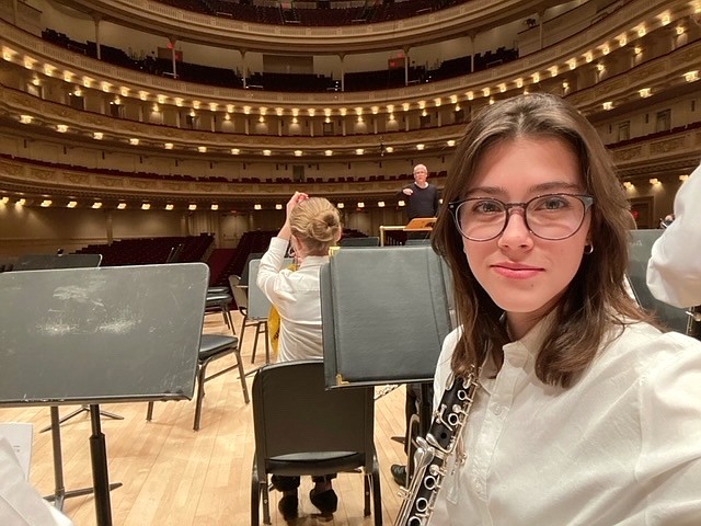 Carson High School junior Drea Cabral shows her spot rehearsing on stage at Carnegie Hall.