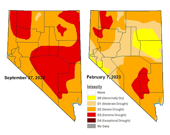 The water year has so far seen drought conditions retreat along the Sierra Front. Source: droughtmonitor.unl.edu