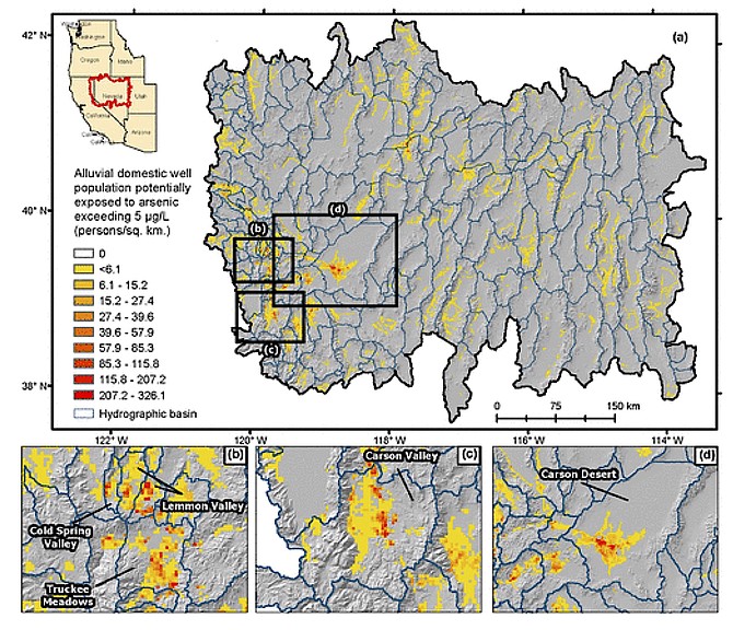A map of the Great Basin indicating where high levels of arsenic are present in domestic wells. DRI Graphic