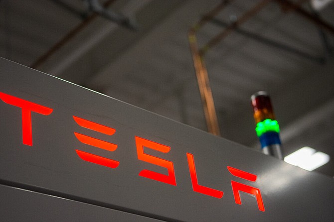 A Tesla sign at the Nevada Gigafactory on Feb. 26, 2019.