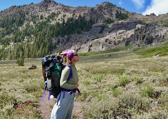 Judy Farnsworth hikes through the Sierra near Reynolds and Hawkins peaks.