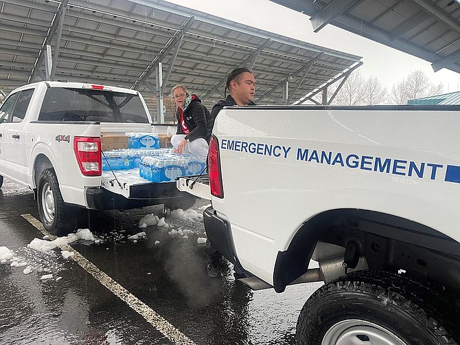 The American Red Cross of Nevada receives supplies to provide to the Yomba Reservation on Saturday in Carson City. The Red Cross provided water, milk, eggs, potatoes, diapers, baby formula and other supplies. The supplies were delivered to the families by the State of Nevada and the Tribe’s Emergency Manager with a vehicle that could reach the residents.