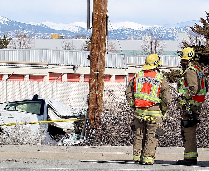 East Fork firefighters at the scene of a fatal collision along Highway 395 in south Gardnerville on March 6.