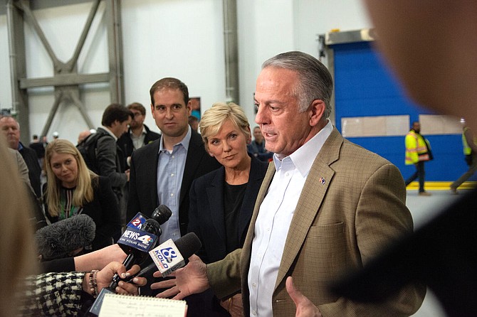 Gov. Joe Lombardo talks to the press during an event at Redwood Materials in Reno on Feb. 9.