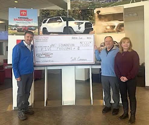 Carson City Toyota donated $5,000 to Western Nevada College Foundation for annual student scholarships. Pictured from left: WNC President Kyle Dalpe, Dana Whaley of Carson City Toyota and WNC Foundation Executive Director Niki Gladys.