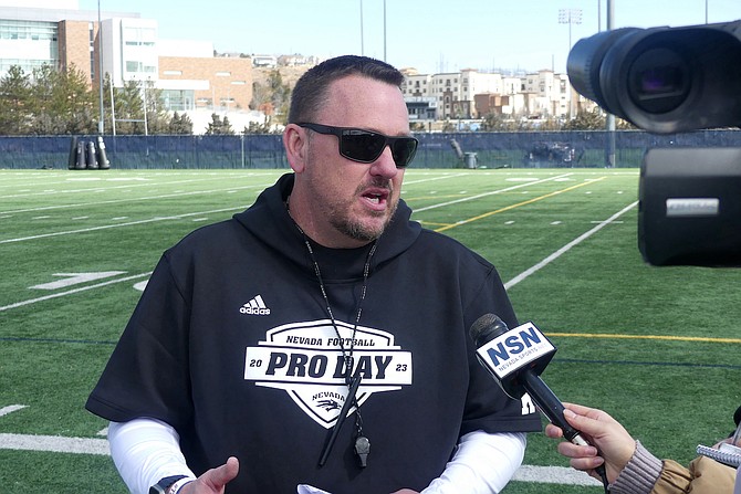 Nevada football coach Ken Wilson addresses the media after the Wolf Pack’s first spring camp practice March 15, 2023.