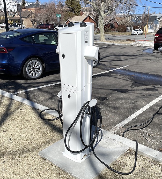 An EV charging station near 3rd Street in downtown Carson City.