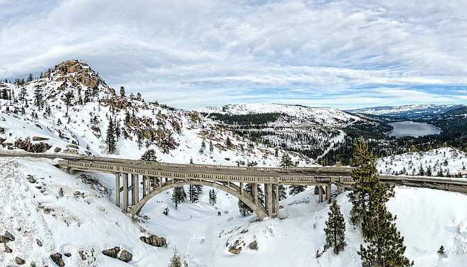 An undated photo of memorial bridge in Donner Pass near Truckee.