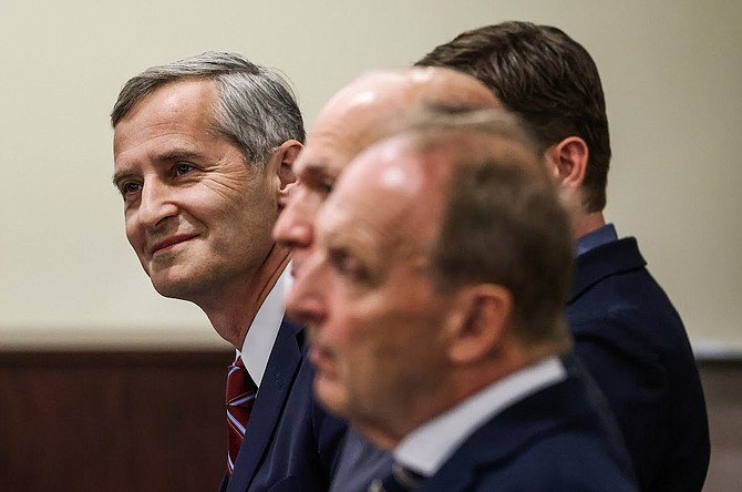 Century Casinos Executive Vice President Andreas Terler, left, during Nevada Gaming Control Board hearing in Las Vegas into the company’s purchase of Nugget Casino Resort in Sparks on Wednesday, March 8.