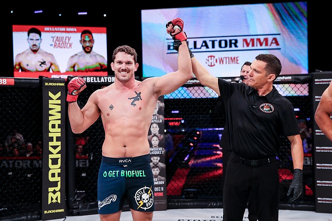 Sullivan Cauley gets his hand raised after his latest victory at Bellator 288, in which he won by first round knockout in 61 seconds. Cauley makes his debut on the main card at Bellator 293 March 31 on Showtime.