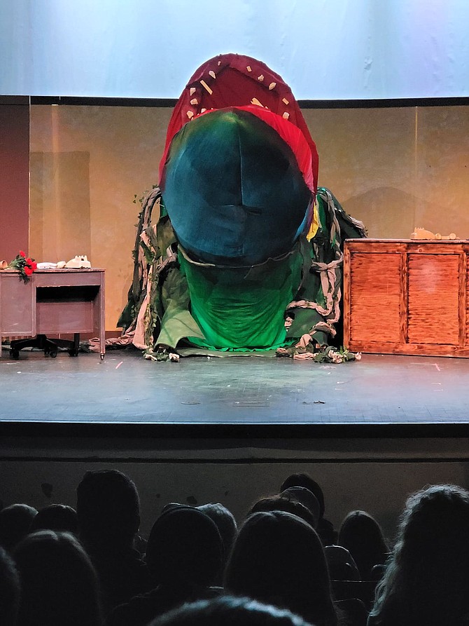 Giant plant ‘Audrey II’ on stage at Greenwave Theatre during ‘Little Shop of Horrors.’