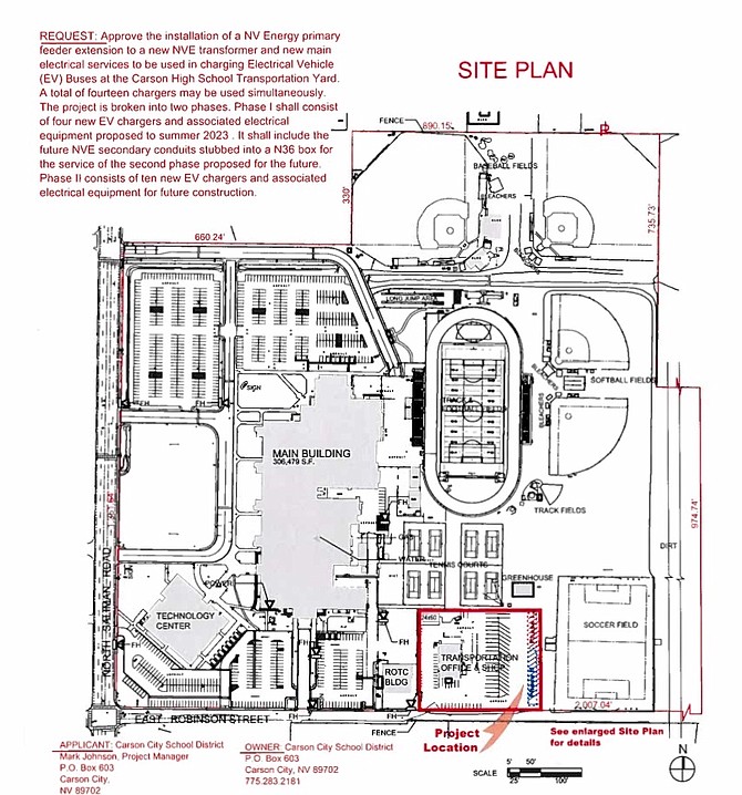 A planning document from Carson City School District showing a request and proposed location for electric bus chargers at the transportation yard that is part of the Carson High School campus.