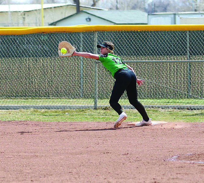 Fallon sophomore Maddie Keller records the putout at first base as the Lady Wave swept last week’s competition against South Tahoe and Truckee.