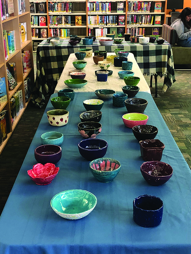 Ceramic soup bowls made by the Churchill County High School ceramics class are shown at the 2022 Library Empty Bowls Event.