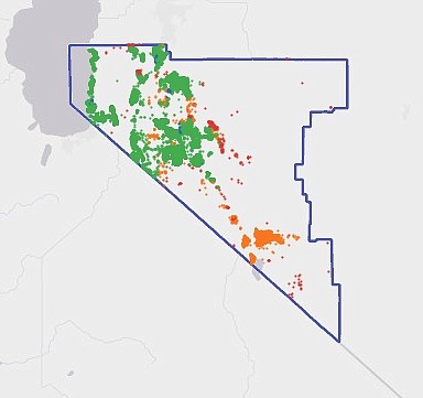 Cable Broadband is represented in green, copper in orange, fixed wireless is in red and fiber is in blue across Douglas County, according to the Governor's Office of Science, Innovation and Technology. Source: osit.nv.gov