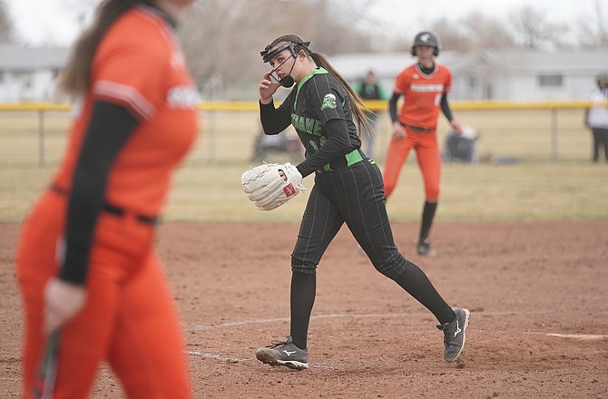Fallon freshman Janessa Bettencourt walks off the field after striking out a Fernley batter in the first game of last Wednesday’s doubleheader.