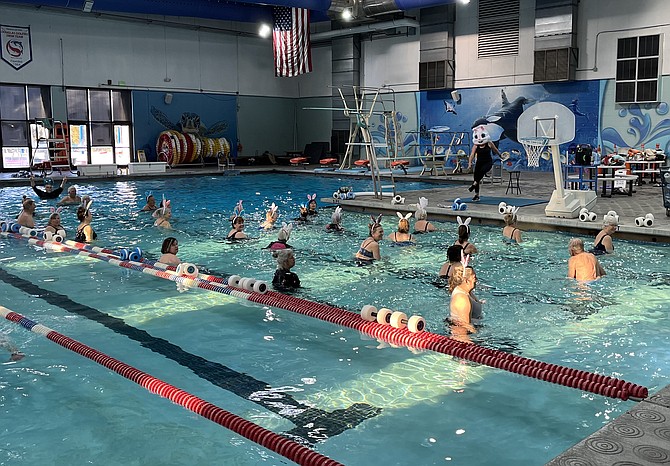 Members of a water exercise class get in the mood for Easter on Wednesday morning at the Carson Valley Swim Center in Minden. Photo special to The R-C by Frank Dressel