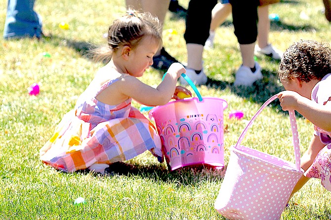 Children age 0-3 fill their baskets during the Carson Valley Active 20-30 Clubs Easter Egg Hunt Sunday.