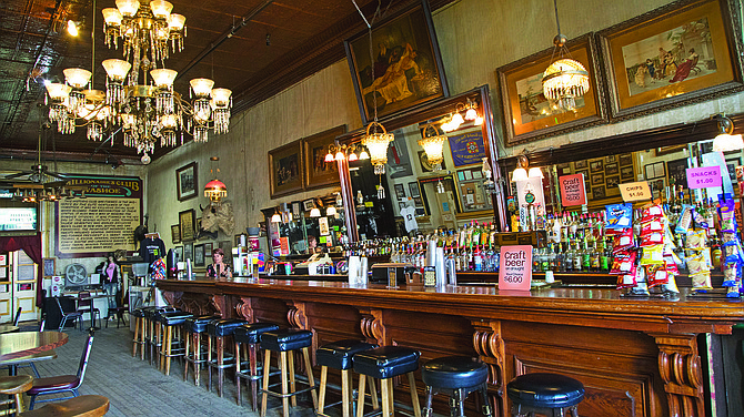 The historic backbar at Virginia City’s Washoe Club saloon, one of several old-time watering holes found in Nevada’s famed Queen of the Comstock.