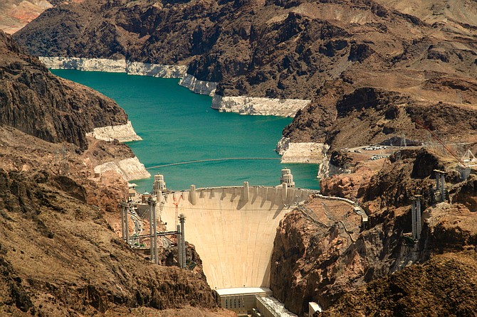 Undated photo of Hoover Dam on the Colorado River near Boulder City, with Lake Mead behind it.