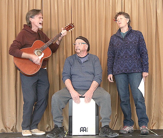 Skip Brown, Marsh Brodeur and Krista Jenkins rehearse “Always Something There to Remind Me,” Tuesday, which is one of many songs being performed in tribute to 20th century songwriter Burt Bacharach in the “Rhythm and Rhyme” show at the Annex.