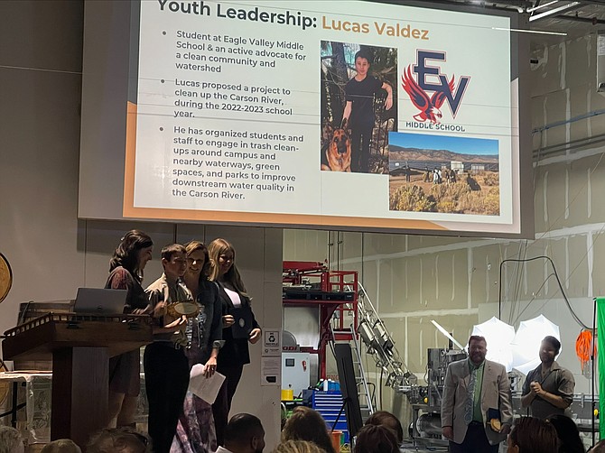Eagle Valley Middle School student Lucas Valdez receives a Golden Pinecone Sustainability Youth Leadership Award in Reno on April 13.