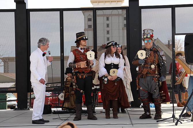 Contestants line up for the Steampunk fashion contest during Mark Twain Days in downtown Carson City in April 2023.