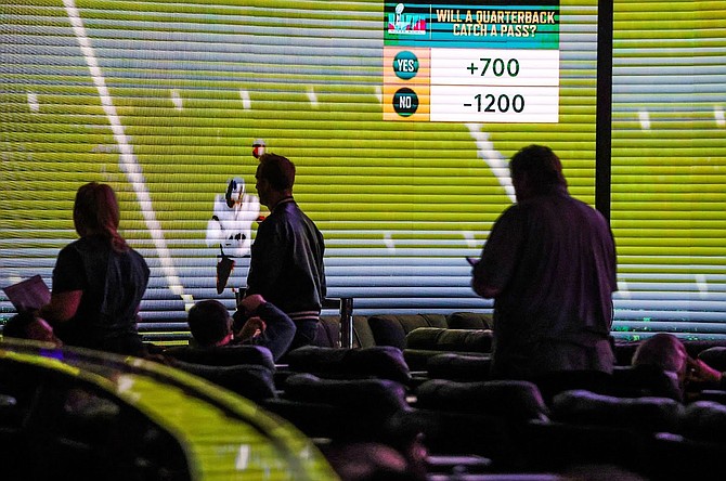 A Super Bowl LVII proposition wager is displayed on the giant LED screen at the Caesars Sportsbook inside Caesars Palace on Thursday, Feb. 9, 2023.