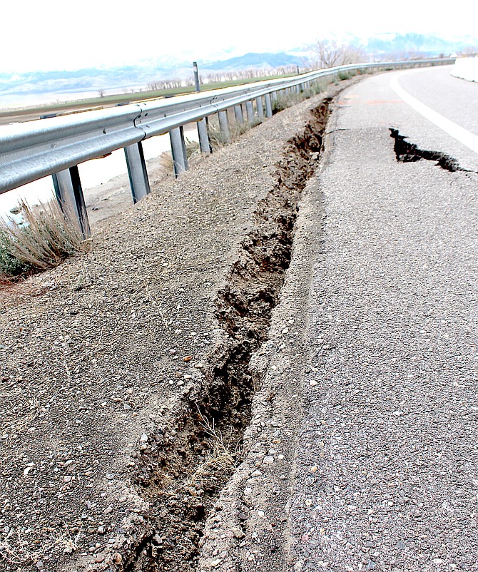 A big crack near High Point Curve on Highway 395 above Topaz Lake has reduced the road to one lane.