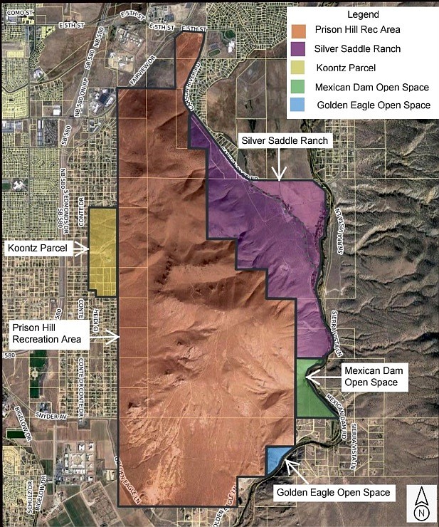 A Carson City Parks, Recreation and Open Space map shows the entirety of the Prison Hill public area.
