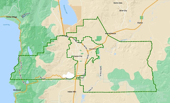 Mappa di Carson City che mostra i confini dell'interfaccia urbana di Wildland.  Quelli in aree selezionate possono ottenere aiuto dalla città per smaltire i rifiuti verdi che sono stati ripuliti per lo spazio difendibile.