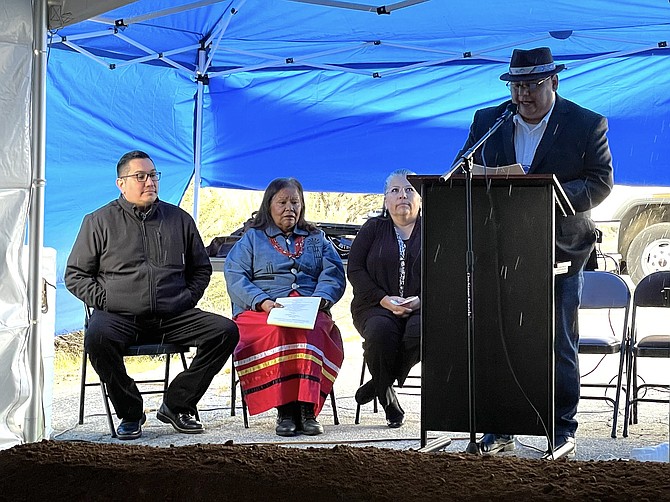 Washoe Tribal Chair Serrell Smokey, left, Washoe Housing Authority Board of Commissioners Chair Dorothy McCloud, Darienne Tenorio of the Stewart Community Council and Washoe Housing Authority Executive Director Martin Montgomery in Carson City on May 2, 2023 at the site of an affordable housing project.