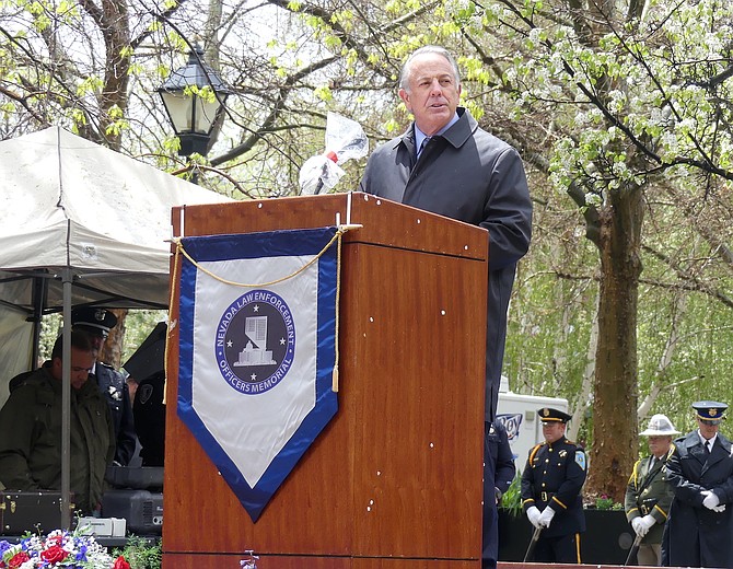 Nevada Gov. Joe Lombardo addresses officers and spectators at memorial ceremonies on the Legislative Grounds in May 2023.