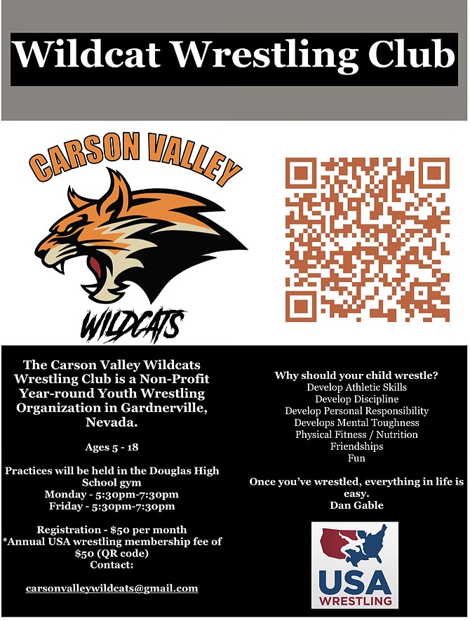 A flyer for the Carson Valley Wildcat wrestling club, which has returned to the area after being restarted by Douglas High coach Jake Fair.